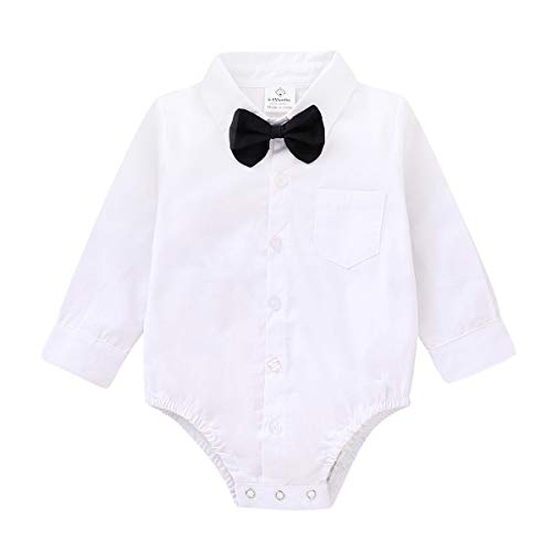 ROMPERINBOX Infant Baby Boys Dress Shirt Bodysuit Formal Long Sleeve Rompers for Wedding Party (White, 0-3 Months)