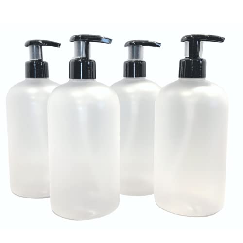 Bottiful Home - 473 ml leere PET-Kunststoffflaschen, nachfüllbar, 4er-Set mit Lotionspumpen für Shampoo, Conditioner, Duschgel, Handseife, Geschirrseife, Lotion, Reiniger, tropffrei (Frosted Clear) Cover