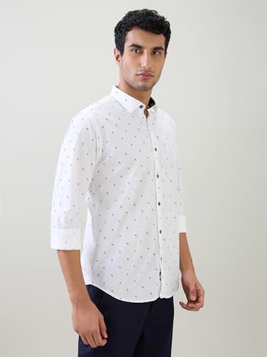 Image of Raymond Men Slim Fit Print Pattern Pure Cotton Cut Away Collar Full Sleeve Casual Shirt