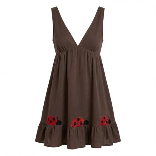 LUPOCKV Ladybug Babydoll Dress Sleeveless Deep V Ruffle Mini Brown Linen Blend Sundress Embroidered Hem Bohemian Cottagecore