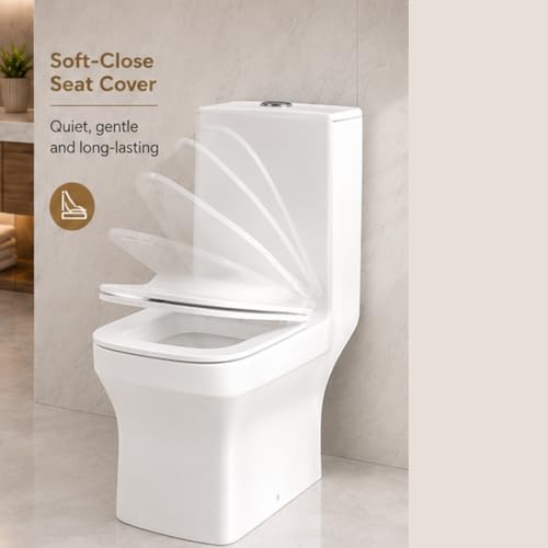 Image of KrissKross Premium Western Floor Mounted One Piece Commode Water Closet Ceramic Western Toilet /European Commode Square With Soft Close Seat Cover For Lavatory, Toilets (P-Trap Outlet Is From Wall)