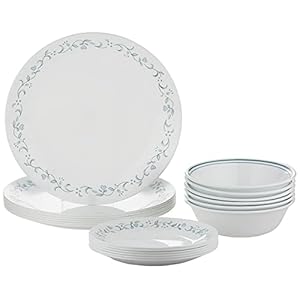 Corelle 18-Piece Vitrelle Glass Country Cottage Chip and Break Resistant Dinner Set, Service for 6, Green/Blue