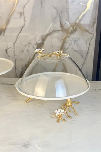 MAY HOME Ayaklı Porselen Kek Pasta Fanusu Cam Kapaklı 27 cm Altın, 1478141231504