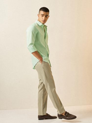 Image of THE BEAR HOUSE Men's Green Vertical Striped Tailored Fit Formal Shirt