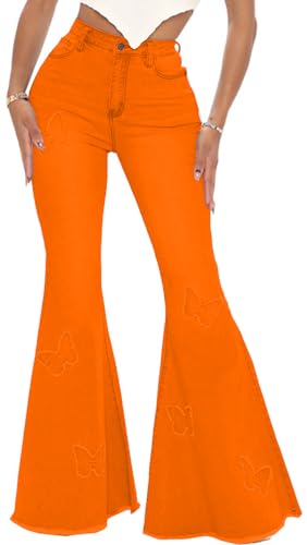 Bell Bottom Jeans for Women Butterfly Vintage High Waisted Skinny Flared Jeans Wide Leg Raw Hem Denim Pants