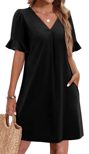 OFEEFAN Summer Dresses for Women Ruffle Short Sleeve V Neck Casual Shift Dress with Pockets