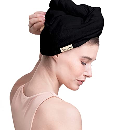 Kitsch Microfiber Hair Towel Wrap - Quick Dry Curly Hair Wraps For Women Wet Hair | Microfiber Towel For Hair | Hair Drying Towel Wrap | Hair Towels For Women | Hair Turban For Wet Hair (Black) #TOP26
