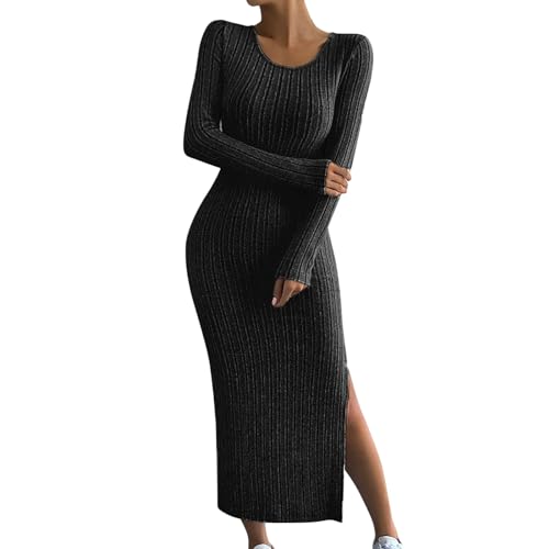 Robe longue moulante fendue femme col rond vêtement tendance maxi