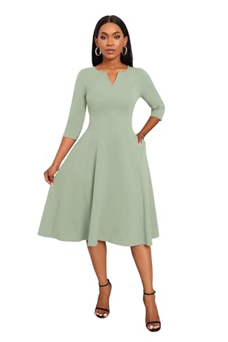 Image of Nmoder Midi Dresses for Women A-Line Fit and Flare Dress 3 /4 Sleeve V Neck Cocktail Wedding Guest Work Dress with Pockets
