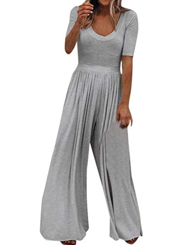 QUEENIE VISCONTI Women Summer Casual Jumpsuits Rompers Short Sleeve Wide Leg Long Pants Overall Gray