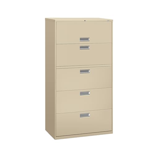 Image of HON 5 Drawer Lateral File Cabinet with Lock, Metal Filing Cabinets for Offices, Adjustable Hangrails for A4, Legal, Letter Files, 18 inch Deep, Putty