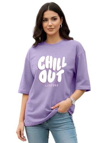 Image of LEOTUDE Women Cottonblend Drop Shoulder Oversized Round Neck Half Sleeve Tshirt, Longline Printed T-Shirt
