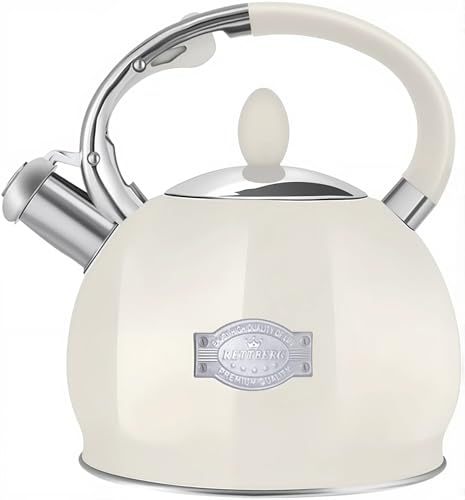 RETTBERG Tea Kettle for Stovetop Induction Whistling Tea Kettles 2.64 Quart Retro Food Grade Stainless Steel Teapots with Cool Touch Handle White