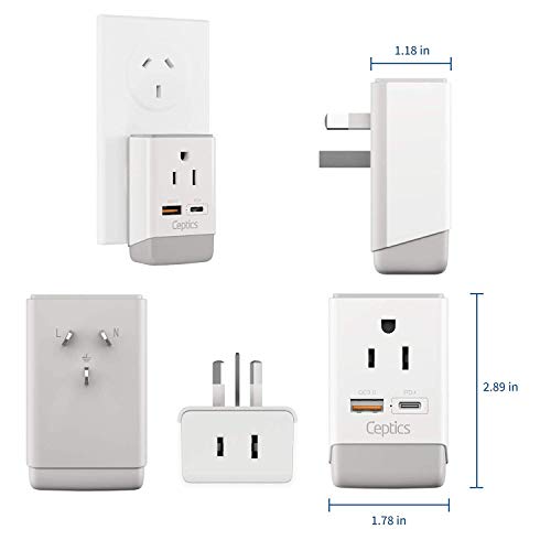 Image of Ceptics Australia China New Zealand Power Plug Adapter 2 Pack, QC 3.0 & PD, Safe Dual USB & USB-C - 2 USA Socket for USA to Australian New Zealand Fiji Argentina, Type I AP-16-2PK Fast Charging