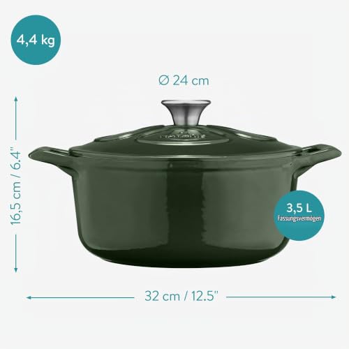 Foto von Navaris Gusseisen Topf - Gusseisen Bräter - Kochtopf 3,5l - Ø 24cm Schmortopf mit Deckel - Brotbacktopf - Brattopf - Für alle Speisen und Kochflächen - Grün