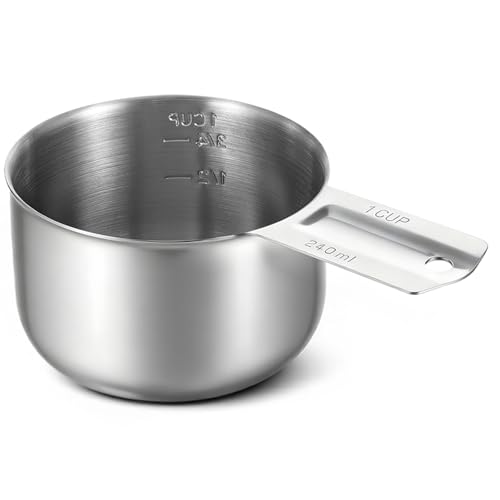 Xindojuz 1 Cup Single Stainless Steel Measuring Cup, Etched Inner Scale Metal Measure Scoop for Cooking Baking, Laundry Detergent, Wet and Dry Ingredients, Dishwasher Safe (240 ml, 8 oz)