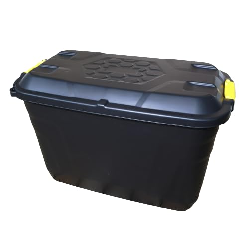 110L Heavy Duty Trunk on Wheels Sturdy, Lockable, Stackable and Nestable Design Storage Chest with Clips in Black