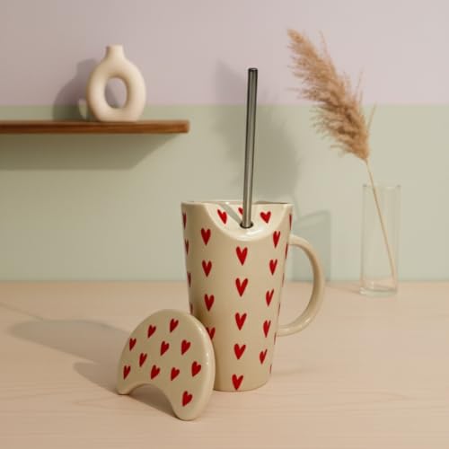 Image of Handmade Ceramic Mug, Tumbler with Lid & Straw Beige with Red Heart Print Tumbler, Cup for Hot & Cold Beverages | Microwave & Dishwasher Safe | Perfect for Gifting (Red Heart)
