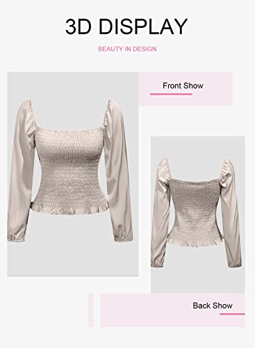 Evaless Women's Bishop Sleeve Square Neck Top - Sexy Casual Spring Summer Blouse, Off-Shoulder Fashion 2023, Apricot, Large #TOP5