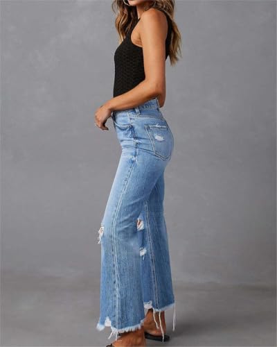 Women's Ripped Bell Bottom Jeans High Rise Distressed Raw Edge Hem Boyfriend Wide Leg Denim Pants4