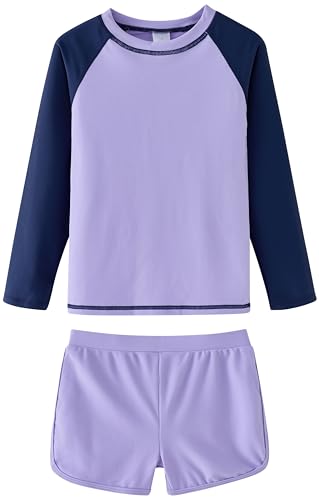 Image of UMELOK Girl Rash Guard Swimsuit 2-Pieces Long Sleeve Bathing Suit 4-12Years | Kids Swimwear Sets,UPF 50+ Sun Protection,Soft And Comfortable Fabric,Swimming Pool,Beach