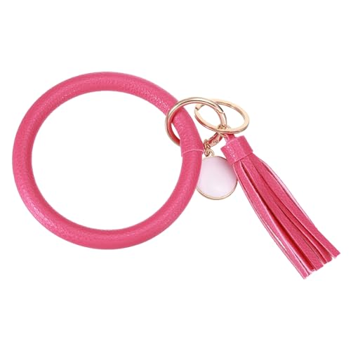 Porte-clés en cuir synthétique de qualité avec pompon rond élégant rose rouge