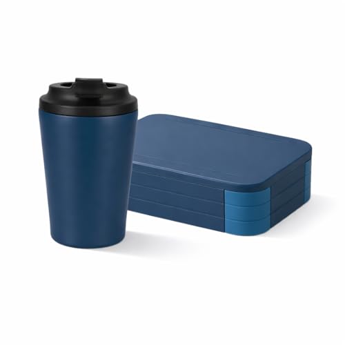 Image of YELONA Lunch Box + Tumbler Combo for Office & School | BPA Free Leakproof Bento Lunch Box with Compartments | 350ml Stainless Steel Insulated Coffee Mug - Navy Blue