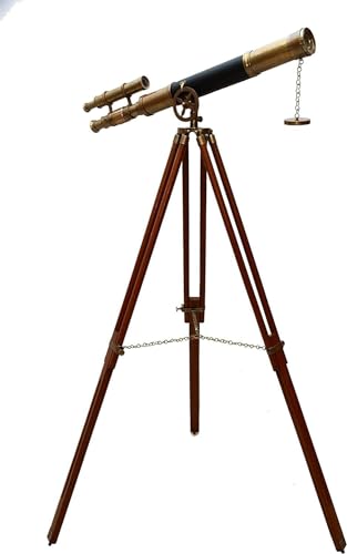 Maritime Antique Double Barrel Black Leather Telescope Antique Finish with Brown Wooden Tripod Brass Floor Standing Telescope