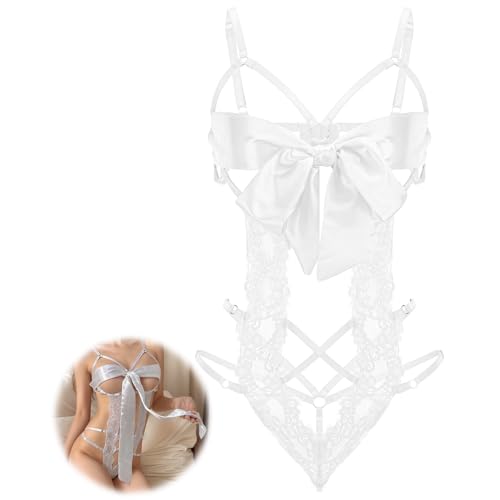 Telooco Desouses für Frauen Sexy Unterwäsche Dessous-Sets für Damen Spitzen Bodysuit Schleifenausschnitt Design Sexy Einteiler Dessous Damen Frauen Sexy Set für Weihnachten Karneval (Weiß)
