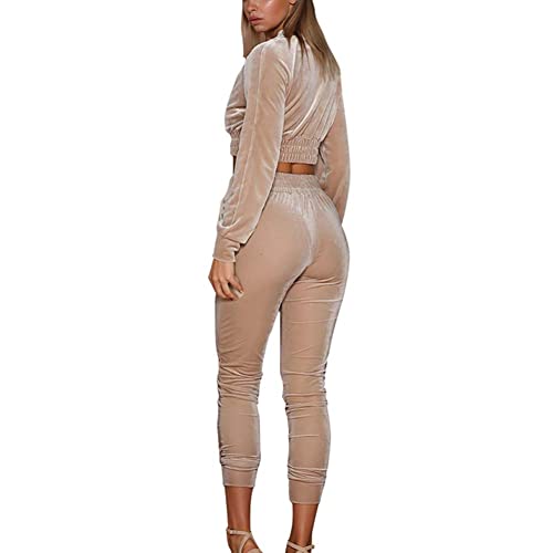 Air-Smart Women's Tracksuit Set 2 Piece Velvet Zip Crop Top Slim Sweatshirt And Jogger Pants Outfits (Beige,Small) #TOP2