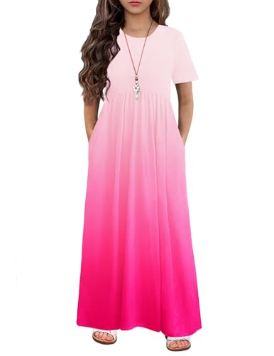 Image of Arshiner Girls Maxi Dress Long /Short Sleeve Casual Holiday Dress with Pockets for 5-13 Years