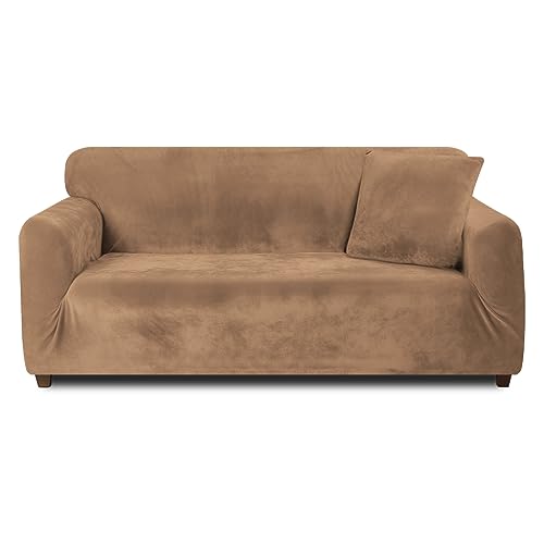 Teynewer Thick Velvet Sofa Covers 1 2 3 4 Seater High Stretch Non-Slip Couch Cover Elastic Furniture Protector Plush Sofa Slipcovers with 1 pillowcase for Living Room Dogs Cat Pet (3 Seater