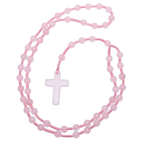 Nupuyai Rose Quartz Crystal Stone Bead Cross Pendant Necklace for Men Women Catholic Rosary Hand Knotted Necklace 62cm