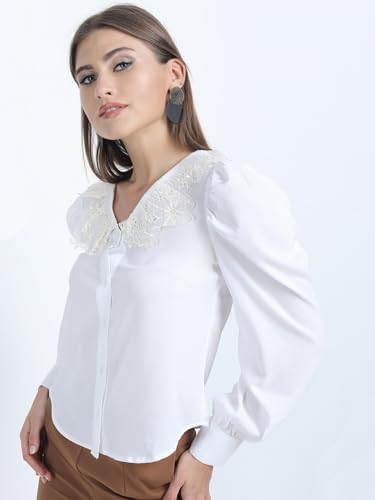 Image of Tokyo Talkies Women's White Shirt-Style V-Neck Top | Cuff Sleeves | Classic & Chic | Perfect for Work & Casual Outings | Tops for Woman | Women Tops | Stylish Top