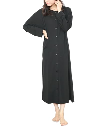 [ON NISHIKI] ネグリジェ パジャマ レディース 長袖 ワンピース 前開き 春 秋 綿混 ストレッチ天竺 伸縮性 ロング丈 ルームウェア 部屋着 (ﾌﾞﾗｯｸ:1/L/72524)のサムネイル