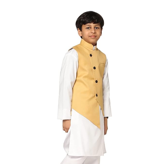 tututree Boys Black Nehru Jacket | Kids Indo-Western Waistcoat, Modi Coat, Sleeveless Kurta Vest for Wedding, Party & Ethnic Wear | Adjustable Fit | Ages 3–14 Years (Golden, 13 to 14 Y) 3