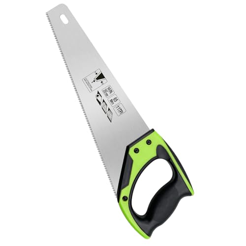 14 Inch Wood Hand Saw, Non-Slip Ergonomic Handle Rustproof Wood Saw, 11 TPI Universal Handsaw for Woodworking-Green