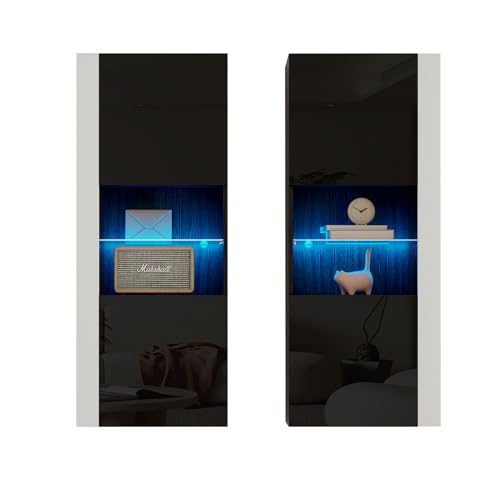 Amerlife AMERLIFE-27A Wall Storage Cabinets With Led Lights, Modern High Gloss Hanging Cabinets With 4 Closed Doors & Open Glass Shelves, For Living Room/Bedroom/Office, Black thumb #7