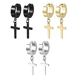 3 pares de pendientes colgantes con bisagras para hombre y mujer, pendientes de aro para hombre y mujer, plata, oro, negro, pendientes de calavera para hombre, talla única, Acero inoxidable, Sin
