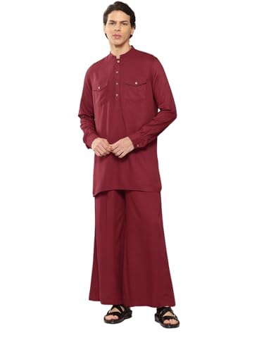 Image of See Designs Men's Long Sleeve Curved Hem Mandarin Collar Rayon Solid Pathani Sets