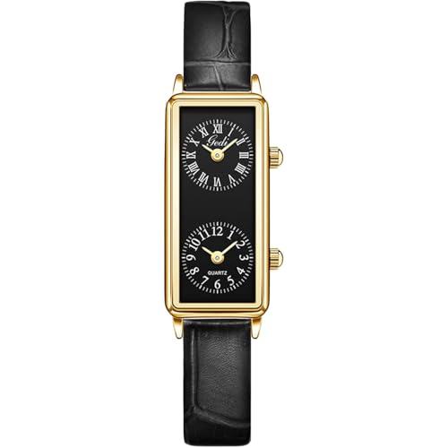 ALANTOP Montre à quartz analogique pour femme - Double fuseau horaire - Étanche - Deux cadrans - Chiffres romains et arabes - Bracelet en cuir pour voyage et...