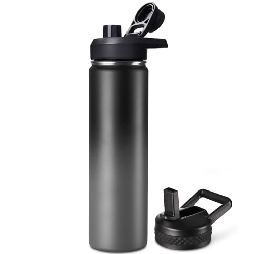 Image of Fijinhom 24 oz Insulated Water Bottle with Handle, 304 Stainless Steel Water Bottles with 2 Lids, Double Wall Vacuum Sports Water Cup with Straw, BPA Free, Keep Cold and Hot, Black /Gray