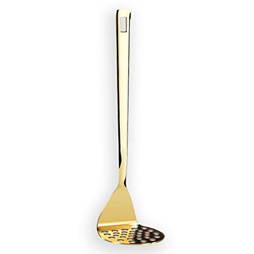 Gold Potato Masher, Berglander Heavy Duty Metal Potato Ricer Stainless Steel with Titanium Gold Plating, Food Utensil Hand, Vegetables Fruits Mashe, Dishwasher Safe, Easy to Clean