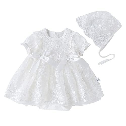 Vestido de Encaje para Niña Bebe Vestidos de Tul de Fores de Bowknot con Manga Corta+Capota para Recien Nacido Verano Ropa con Ruffle Lazo Bordado Y Botones para Bautizo Boda Ceremonia 0-18 Meses