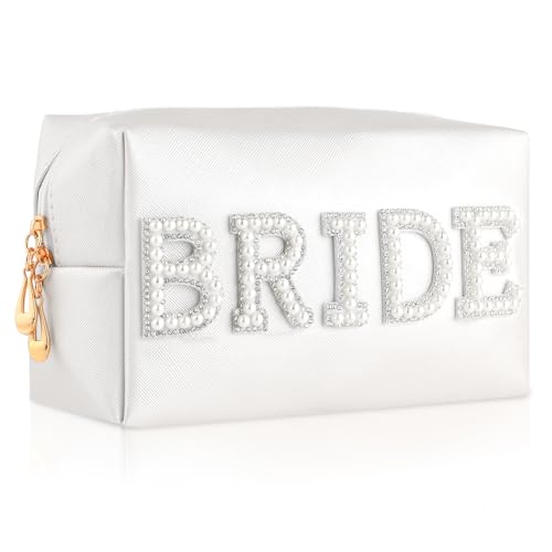 Prasacco Make-up-Tasche, Bride Perle Buchstaben Make up Tasche Reise Kosmetiktasche aus PU-Leder Tragbare Schminktasche für Frauen Mädchen, Brautjungfer, Geschenke für Brautparty, Hochzeit