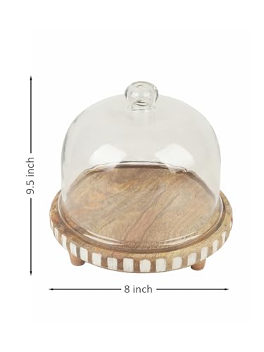Image of Sugar Sphere Acacia Wood Cake Stand with Glass Dome | Cake Plate with Dome Lid | Multipurpose Serving Stand for Wedding Birthday Parties | Dessert Display