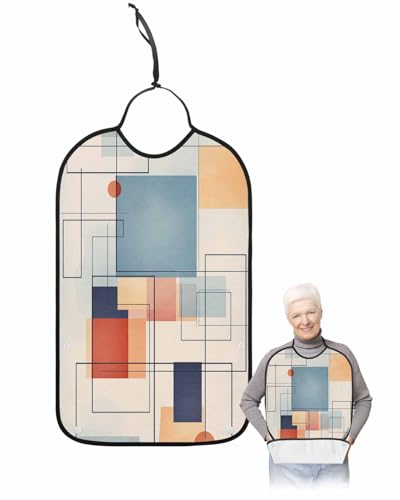Geometric Orange Adult Bib for Adults Men, Women, Vintage Blue Abstract Middle Century Washable & Adjustable Terry Cloth Bib with Crumb Catcher Reusable Waterproof Clothing Clothes Protector Apron