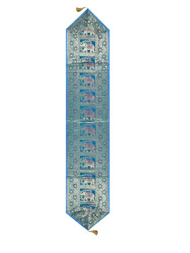 Image of Banarasi Brocade Zari Silk Table Runner Dinning & Centre Table Runner 177 By 30 CM (Turquoise, Elephant)