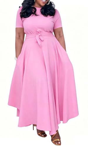 Image of BFFBABY Plus Size Dress A Line Dresses for Women Summer Long Dresses with Sleeve Casual Belted