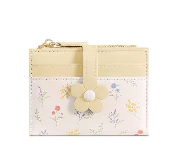 Image of Girls Mini Wallet, Floral-Yellow | Compact Wallet, Zipper Coin Pocket, Card Holder, ID Window